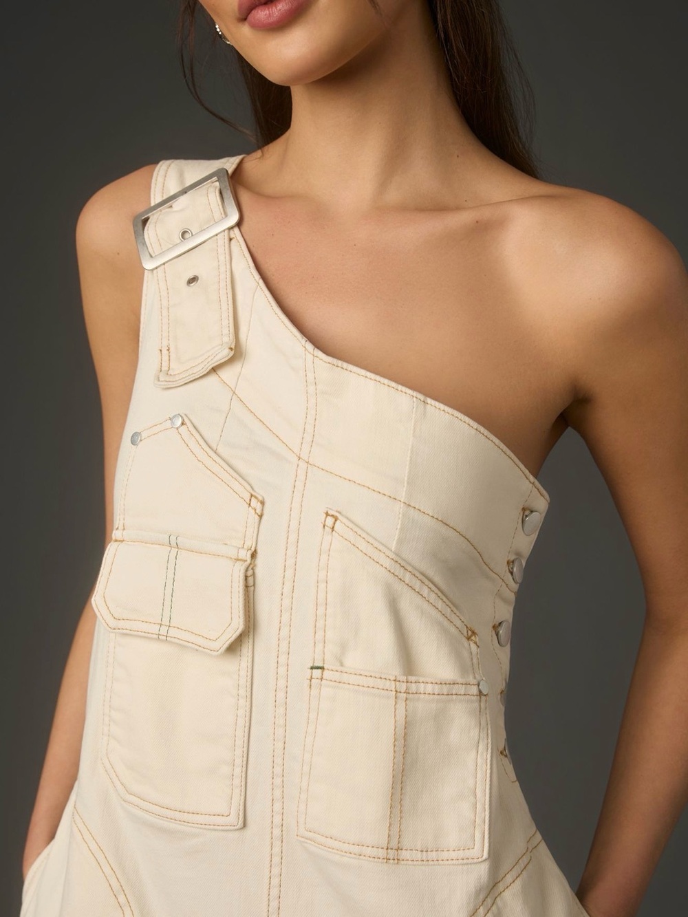 Pilcro Cream One-Shoulder Jumpsuit with Contrast Stitching - Picture 3 of 7